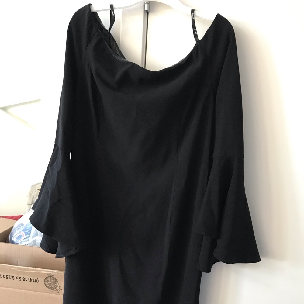 Off shoulder bell sleeve sheath black dress